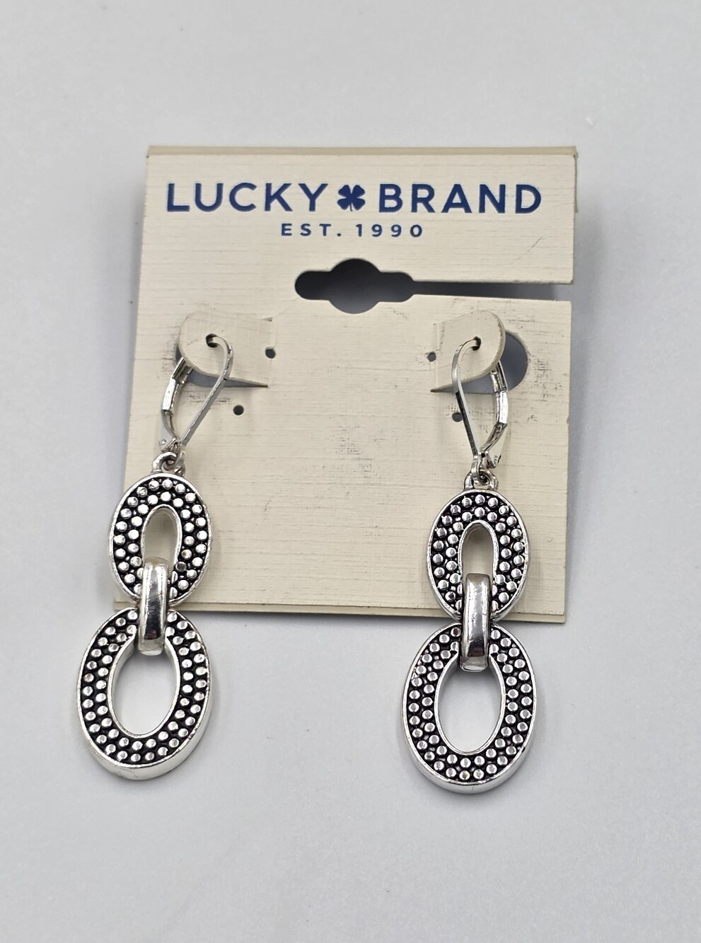 Lucky Brand Silver Tone Double Oval Link Dotted Textured Drop Leverback Earrings